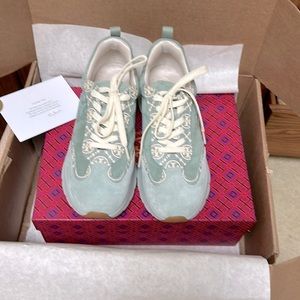 Tory Burch T Monogram Good Luck Trainer sz 10 Blue Celadon NIB